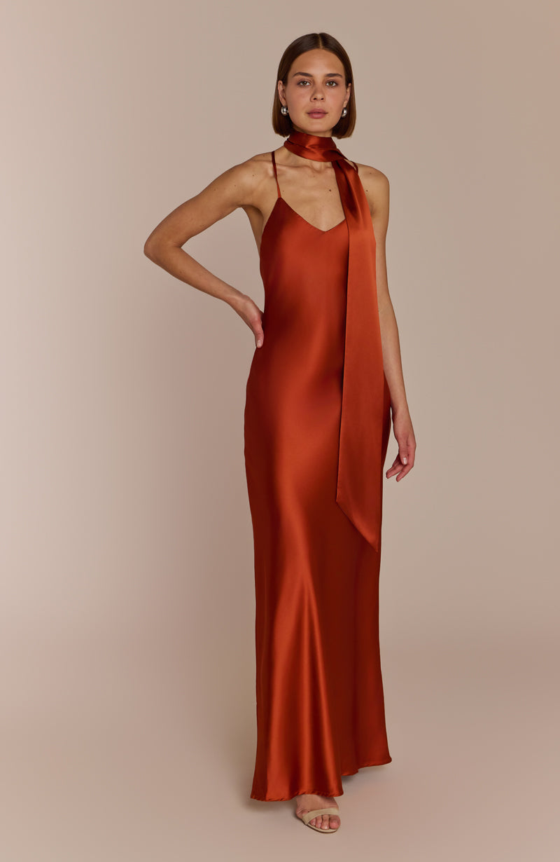 Brooklyn Dress in Burnt Orange Satin - Strappy Slip Bridesmaid Dress