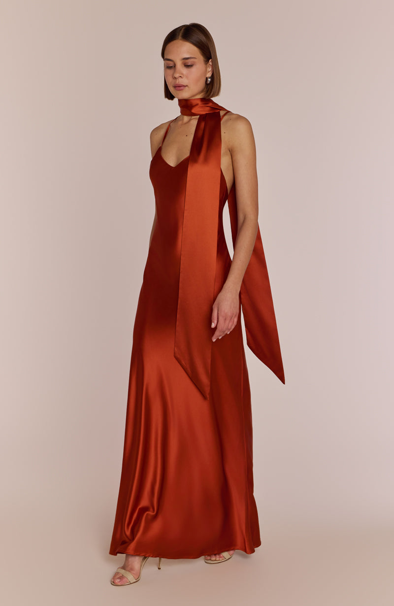 Brooklyn Dress in Burnt Orange Satin - Strappy Slip Bridesmaid Dress