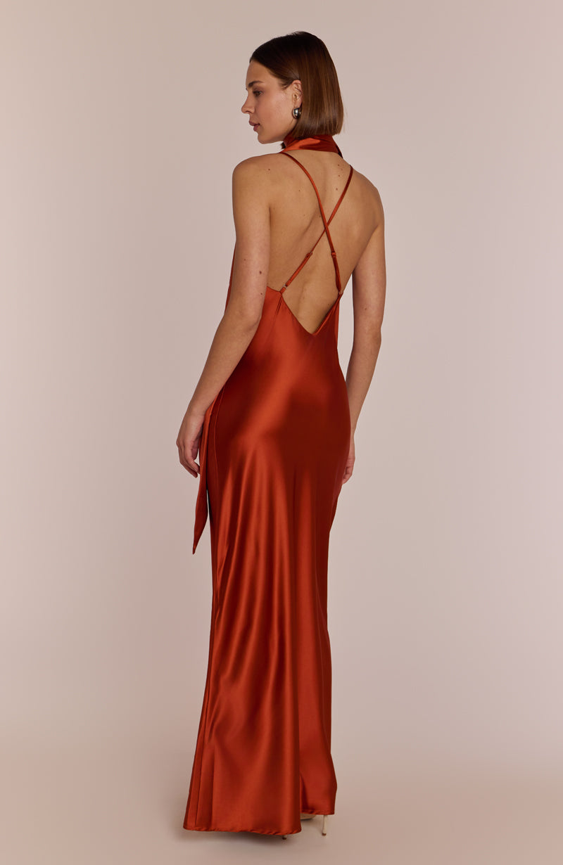Brooklyn Dress in Burnt Orange Satin - Strappy Slip Bridesmaid Dress