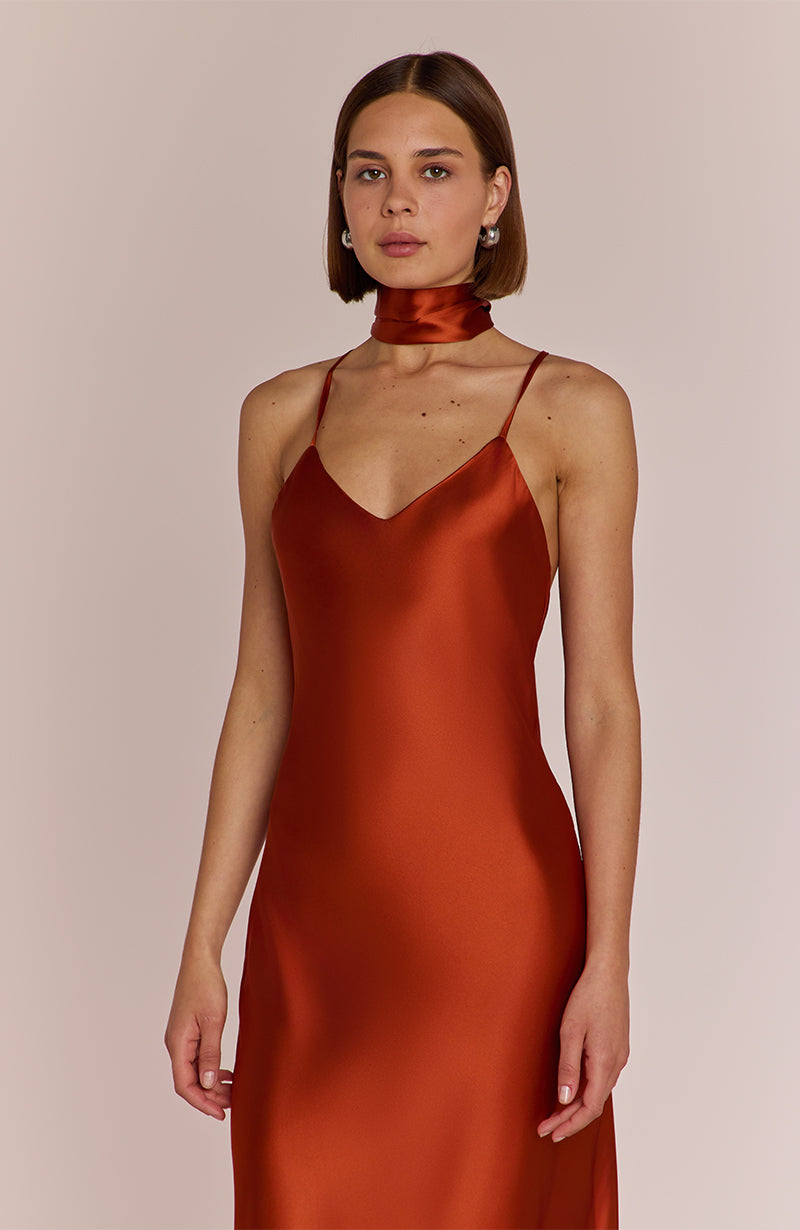 Brooklyn Dress in Burnt Orange Satin - Strappy Slip Bridesmaid Dress