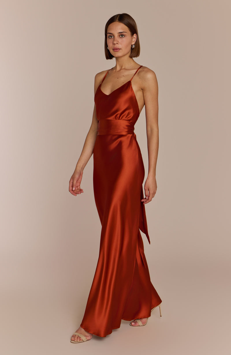 Brooklyn Dress in Burnt Orange Satin - Strappy Slip Bridesmaid Dress