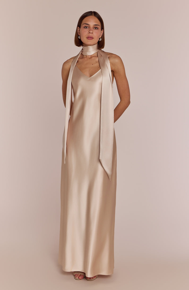 Brooklyn Dress in Champagne Satin - Strappy Slip Bridesmaid Dress