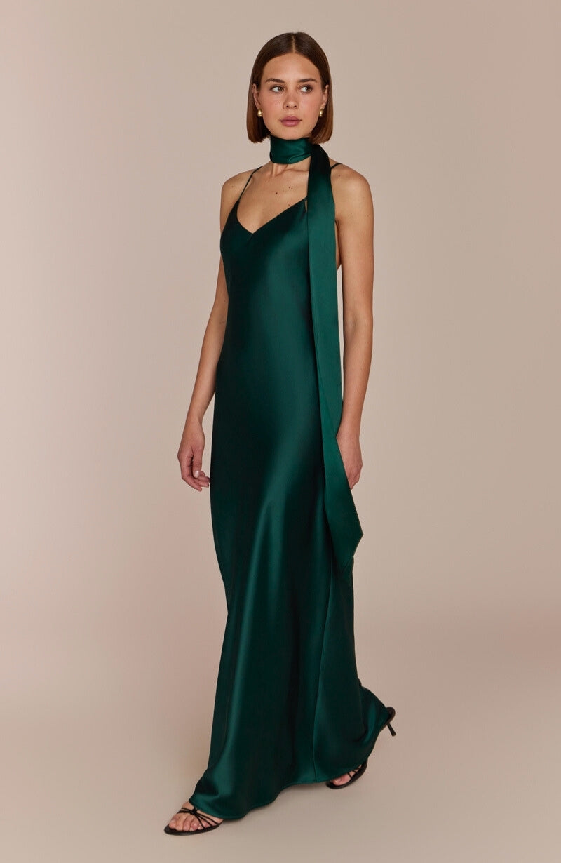 Brooklyn Dress in Forest Green Satin - Strappy Slip Bridesmaid Dress
