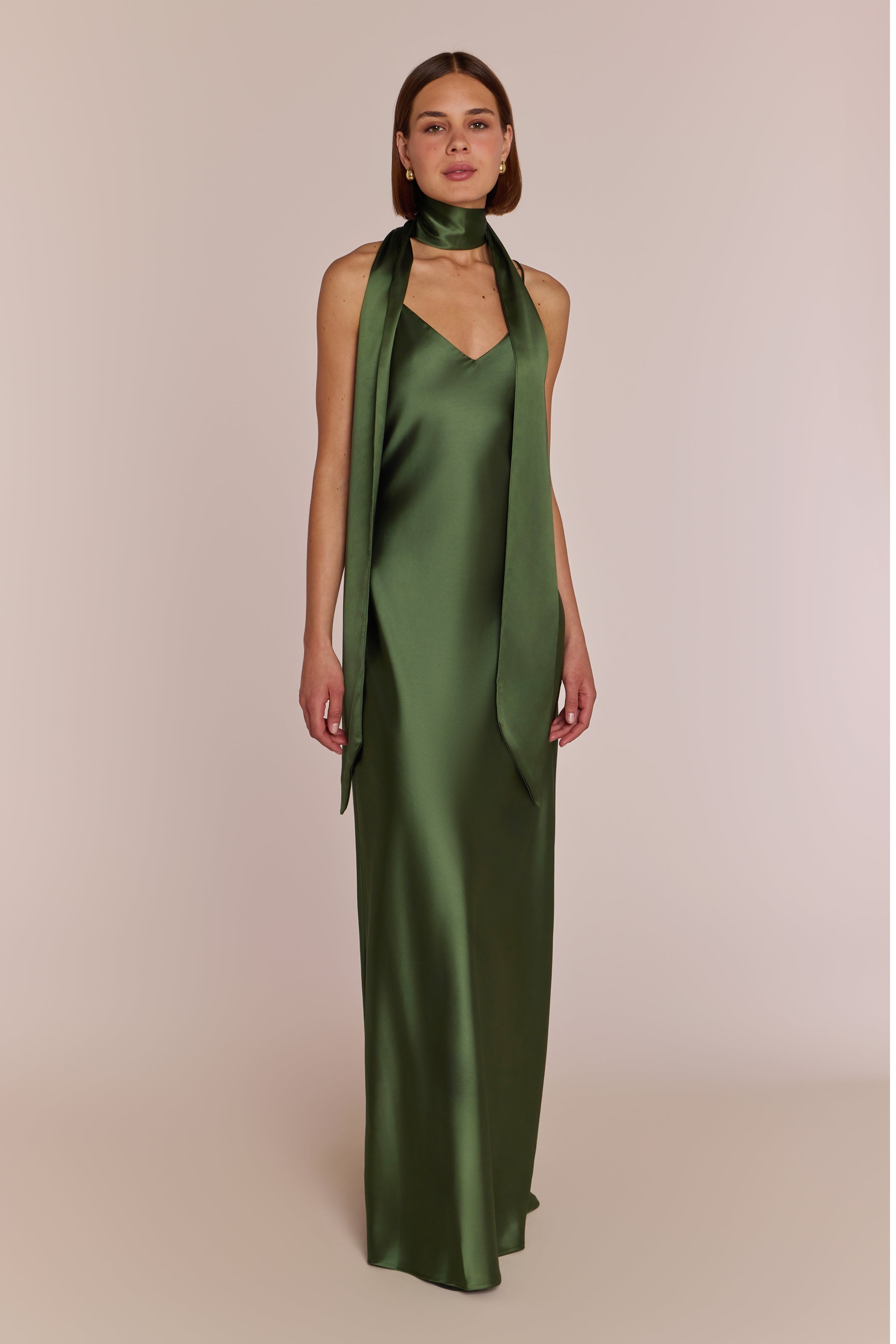 Brooklyn Dress in Olive Green Satin - Strappy Slip Bridesmaid Dress