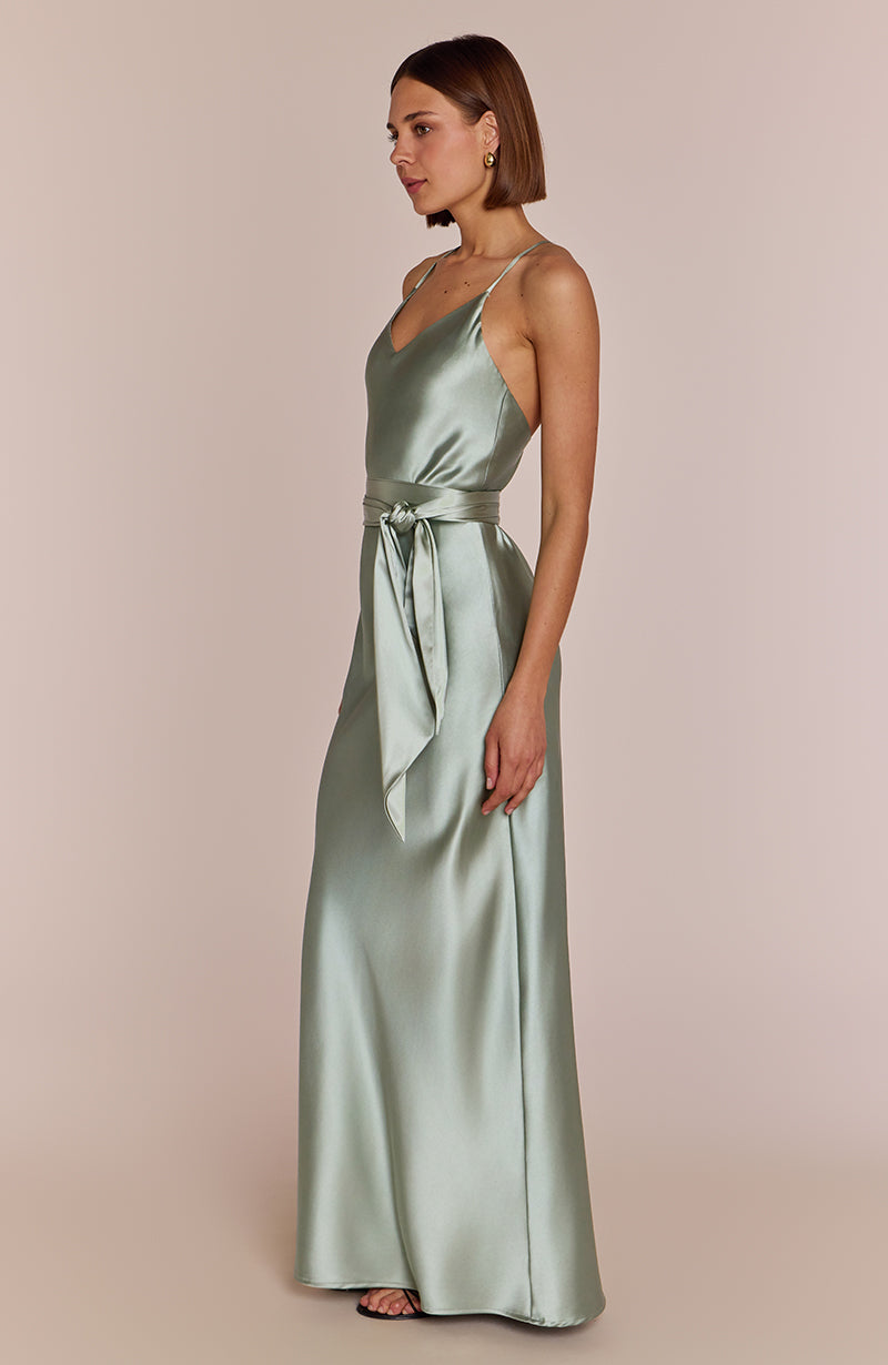 Brooklyn Dress in Sage Green Satin - Strappy Slip Bridesmaid Dress