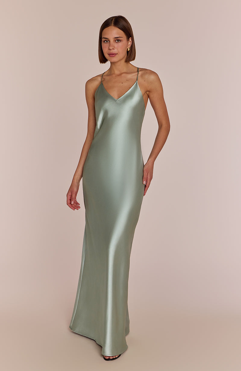 Brooklyn Dress in Sage Green Satin - Strappy Slip Bridesmaid Dress