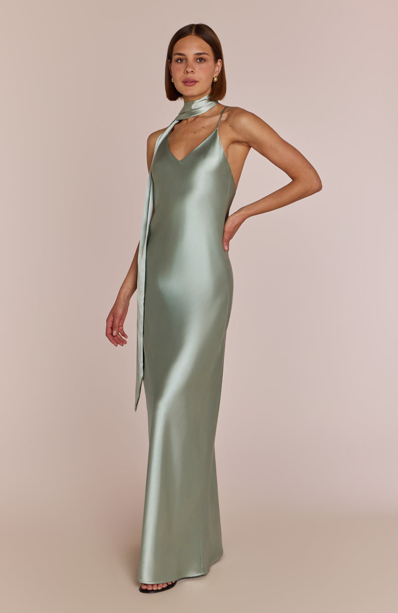 Brooklyn Dress in Sage Green Satin - Strappy Slip Bridesmaid Dress