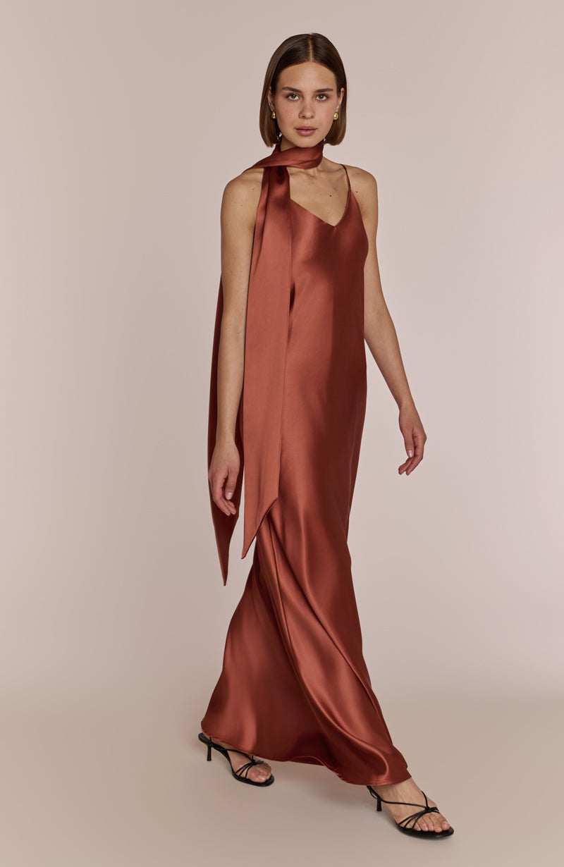 terracotta satin dress Skye | Ready To Ship creating a flattering and elongated shape Brooklyn Dress in Terracotta Satin