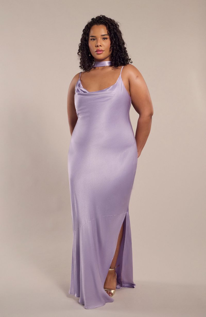 Pollenca cowl neck Dress in Lilac Satin