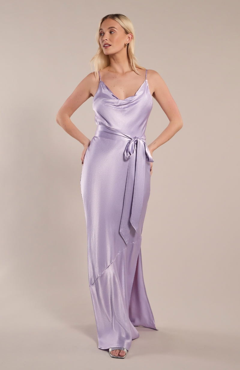 Pollenca cowl neck Dress in Lilac Satin