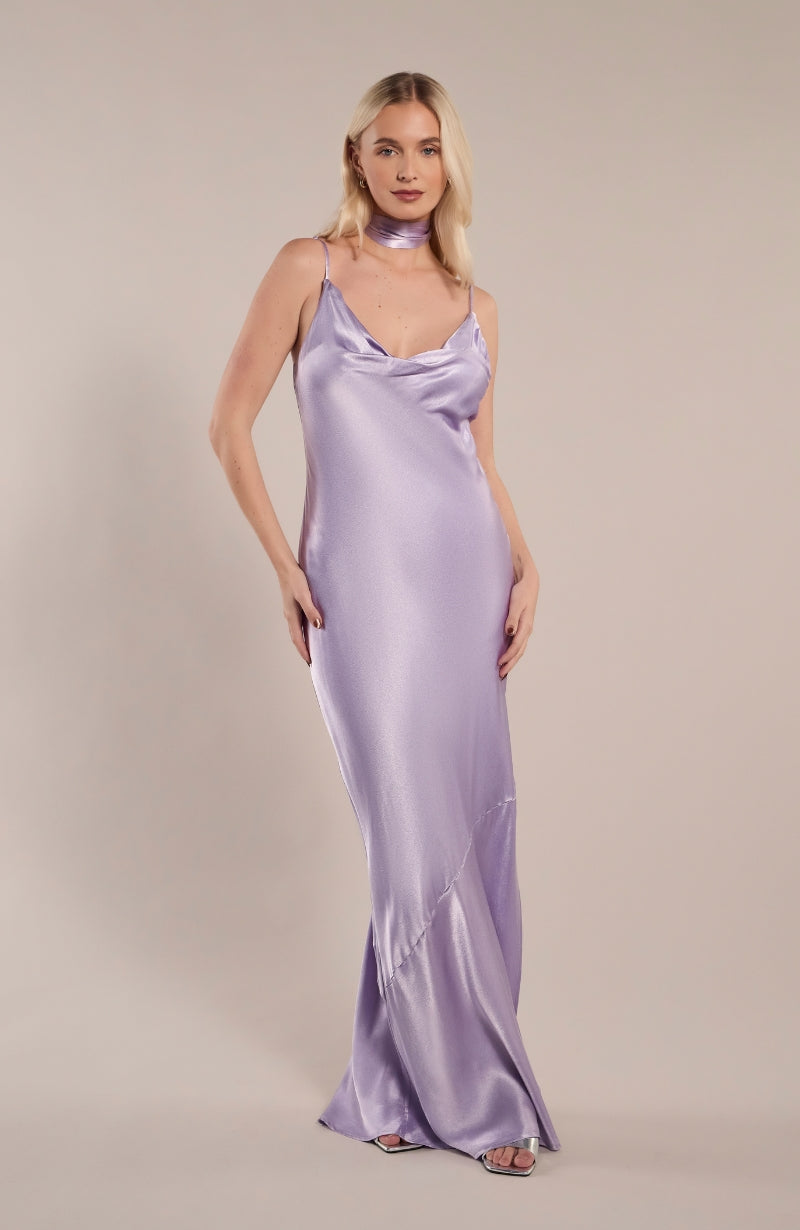 Pollenca cowl neck Dress in Lilac Satin