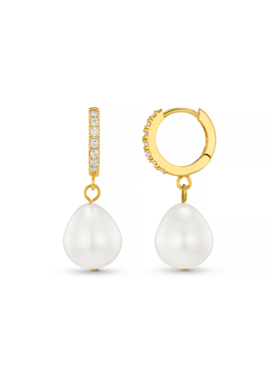 Pearl Drop Pavé Huggie Hoop Earrings - Gold