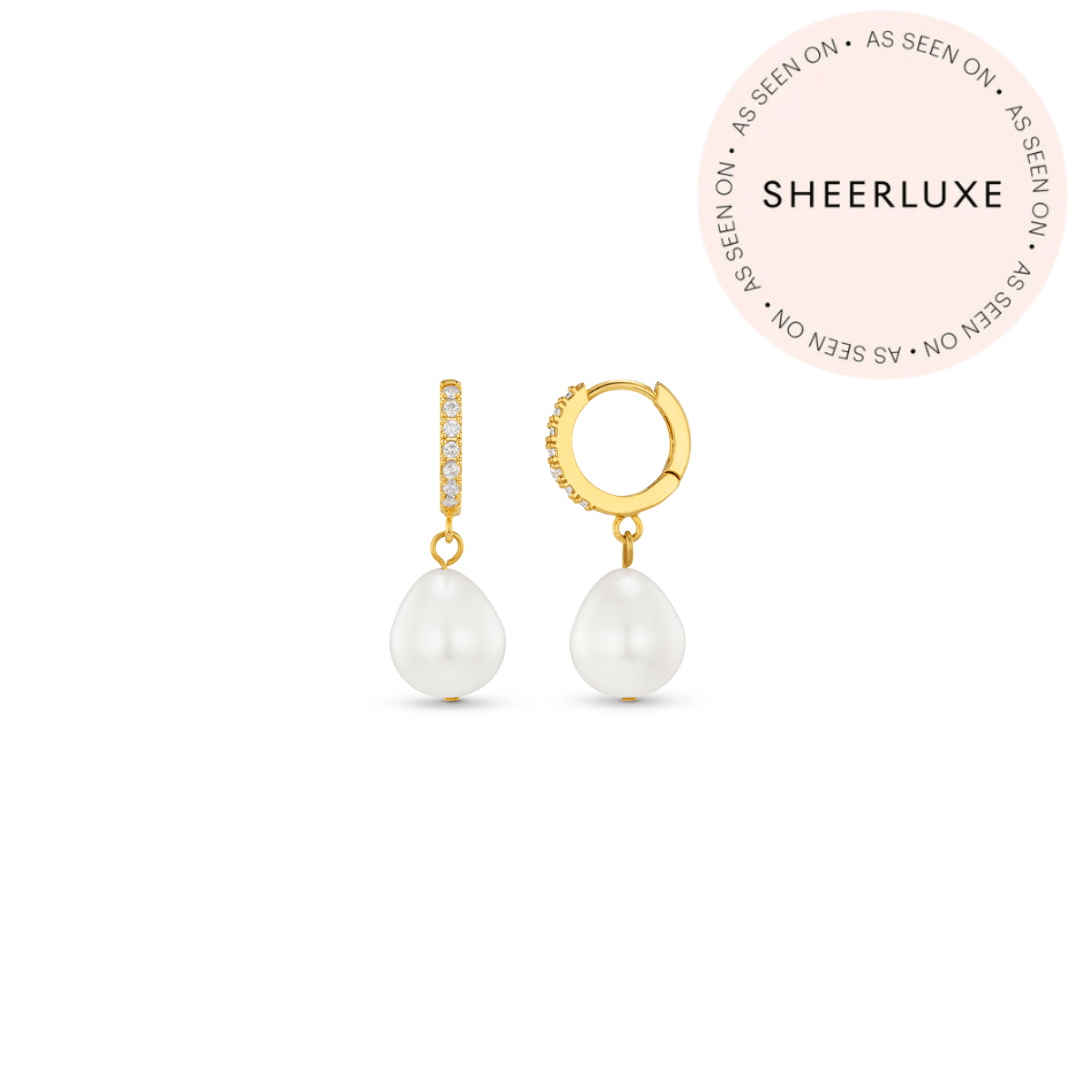 Pearl Drop Pavé Huggie Hoop Earrings - Gold