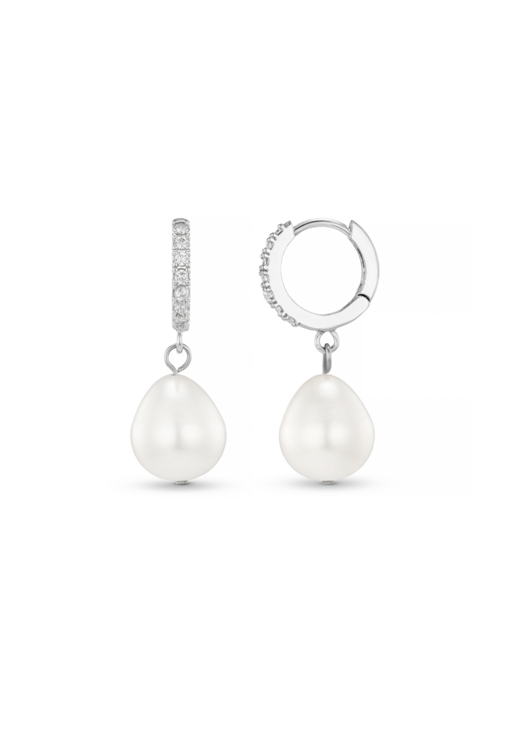 Pearl Drop Pavé Huggie Hoop Earrings - Silver