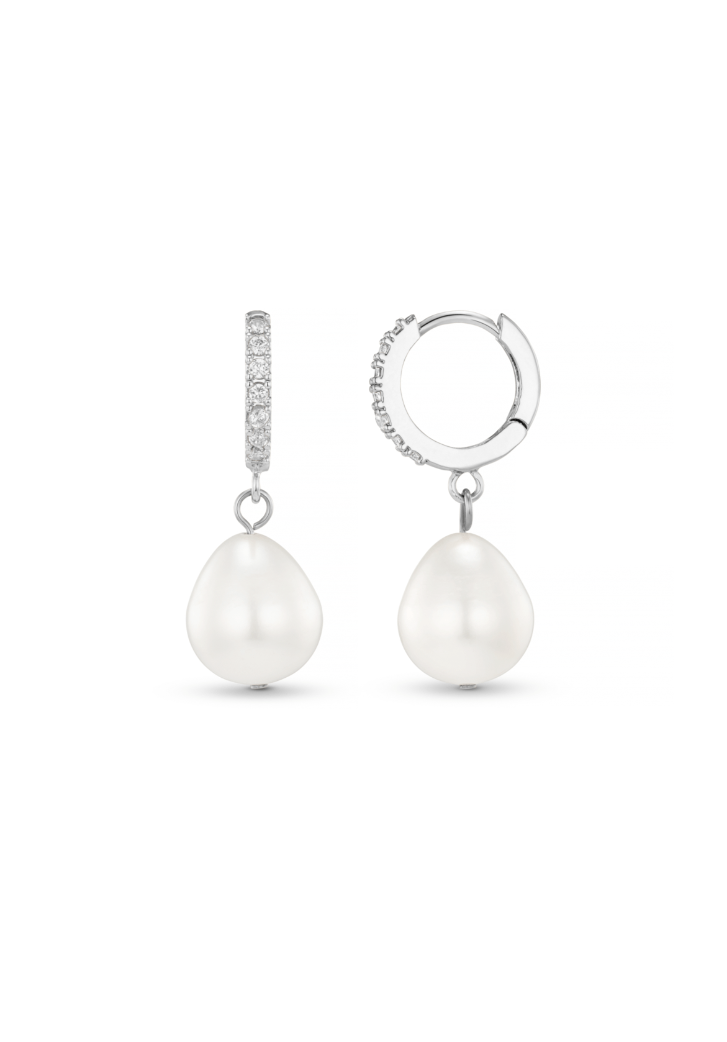 Pearl Drop Pavé Huggie Hoop Earrings - Silver