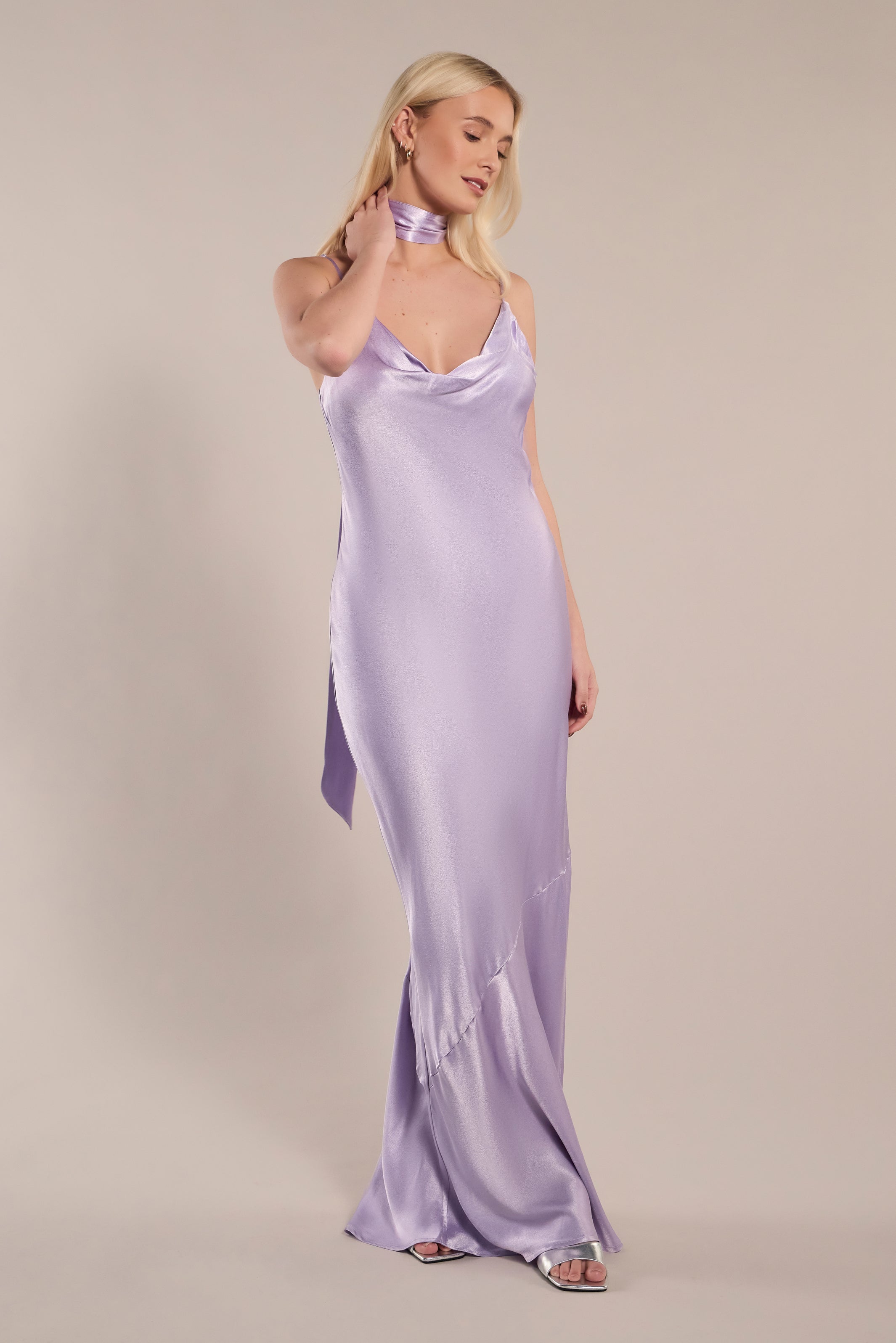 Pollenca cowl neck Dress in Lilac Satin