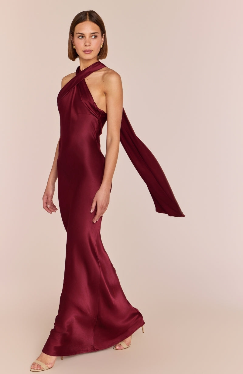 Roma Dress in Chianti Satin — Halterneck Maxi Bridesmaid Dress