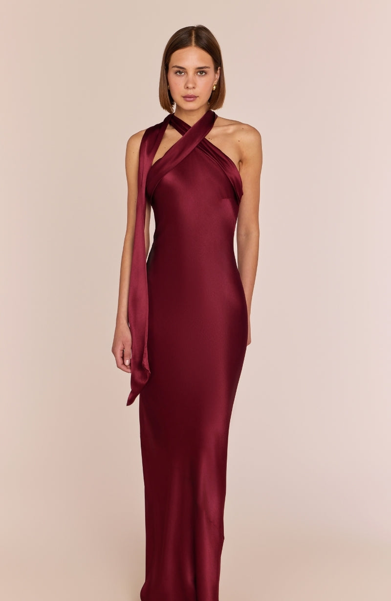 Roma Dress in Chianti Satin — Halterneck Maxi Bridesmaid Dress