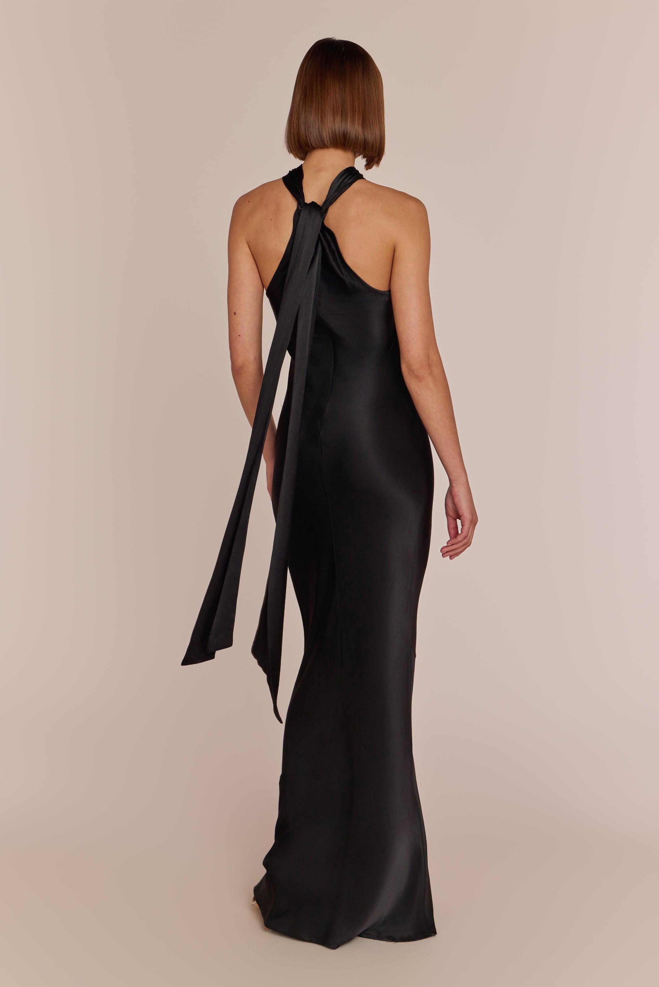 Roma Dress in Black Satin — Halterneck Maxi Bridesmaid Dress