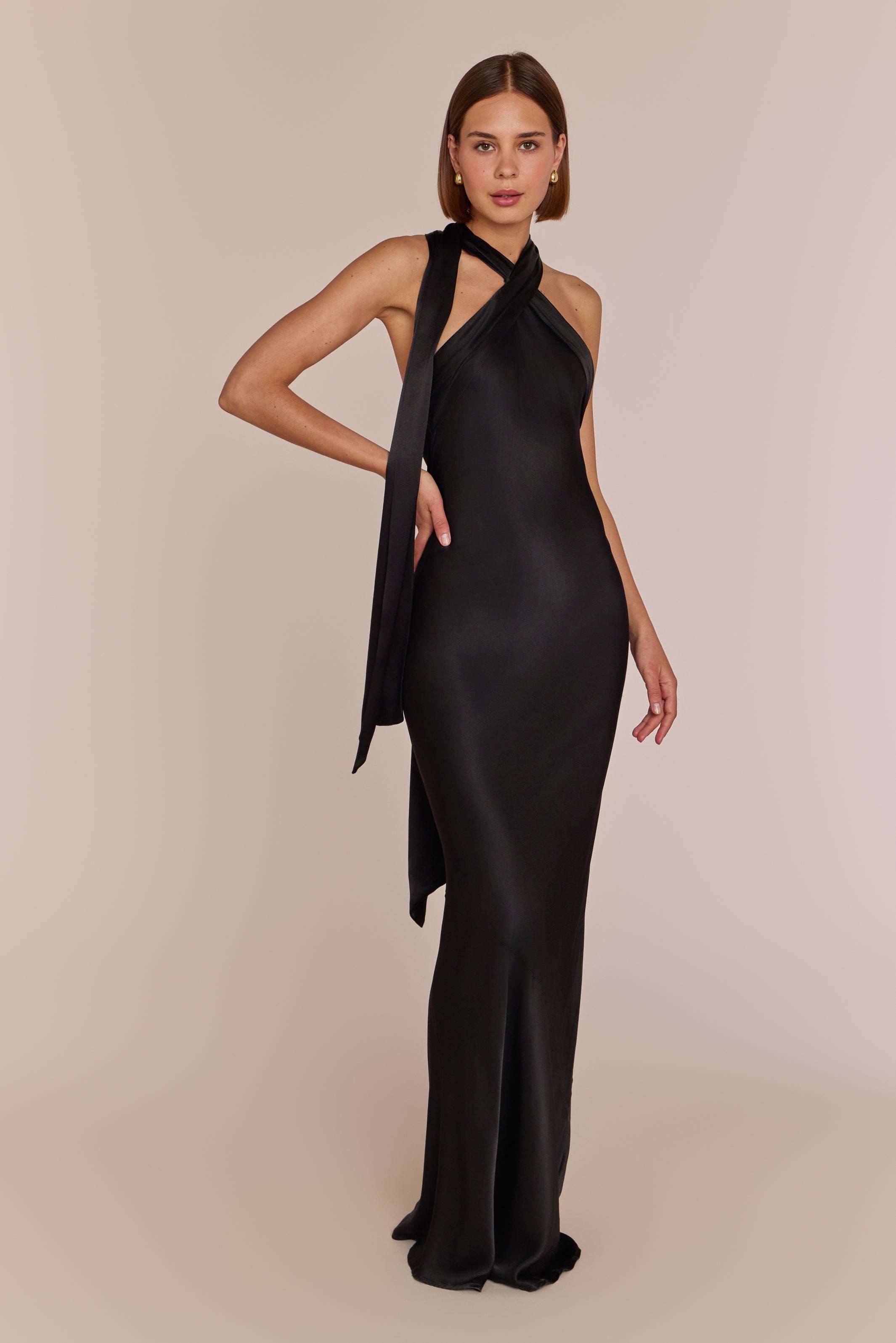 Roma Dress in Black Satin — Halterneck Maxi Bridesmaid Dress