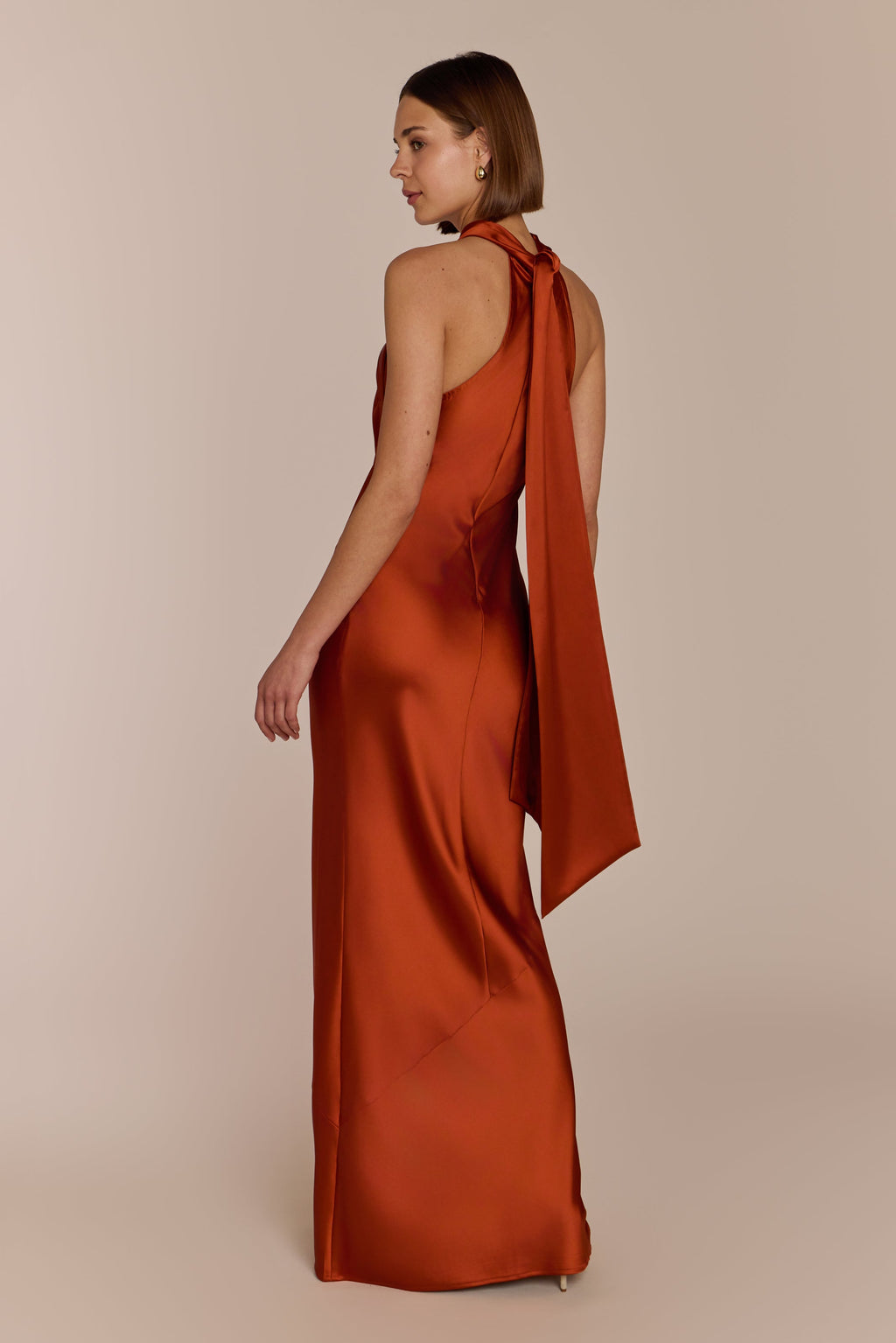 Roma Dress in Burnt Orange Satin — Halterneck Maxi Bridesmaid Dress