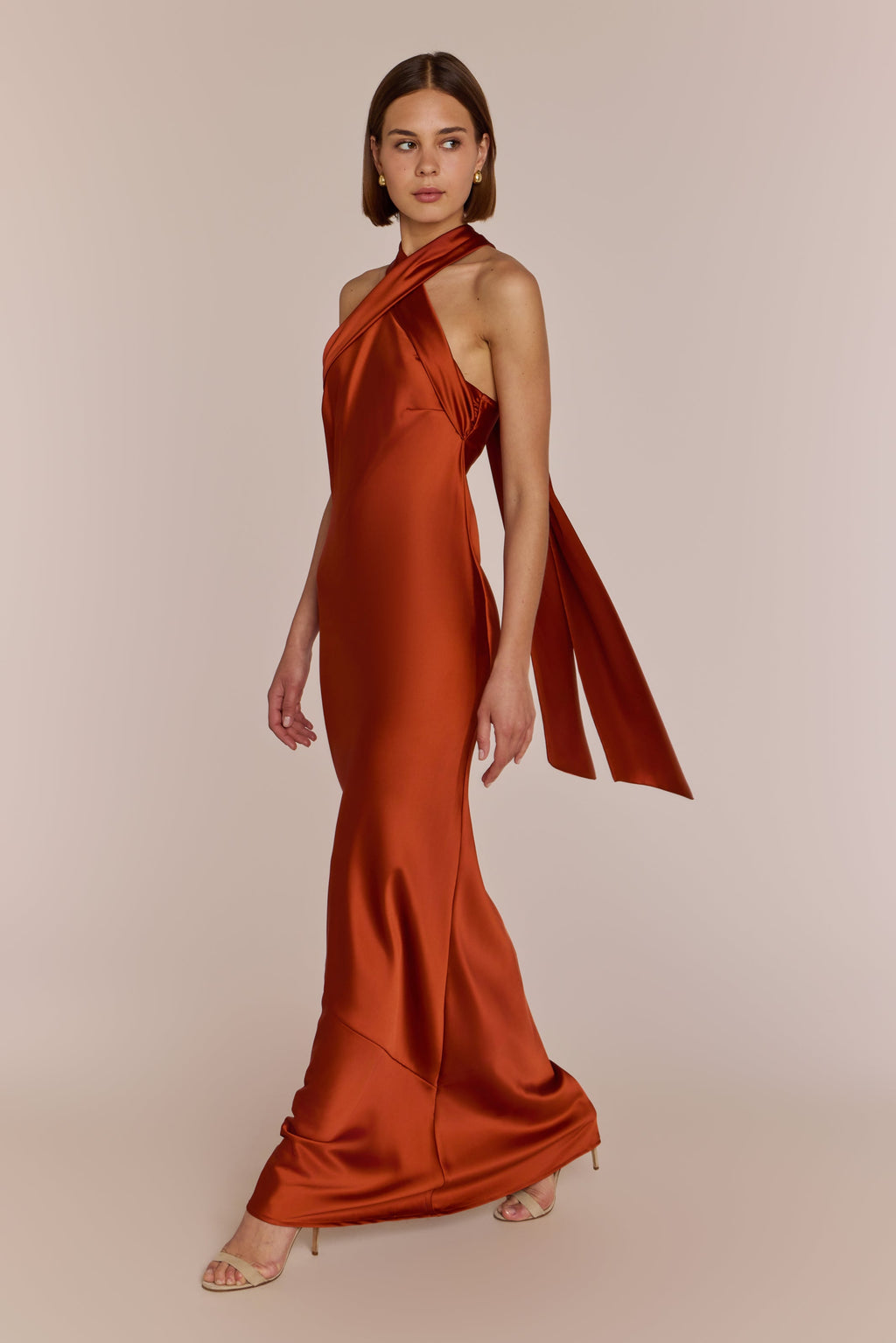 Roma Dress in Burnt Orange Satin — Halterneck Maxi Bridesmaid Dress