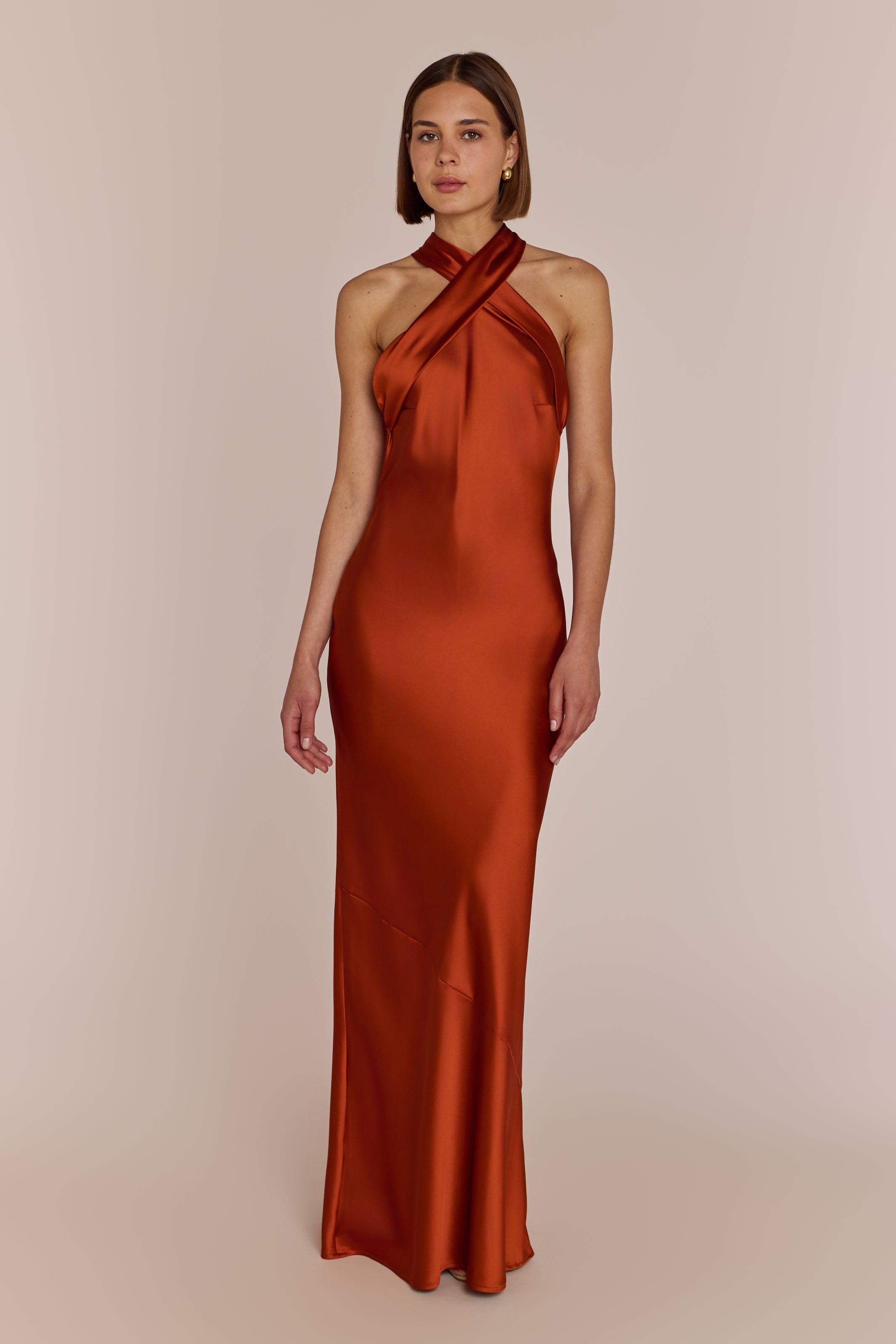 Roma Dress in Burnt Orange Satin — Halterneck Maxi Bridesmaid Dress