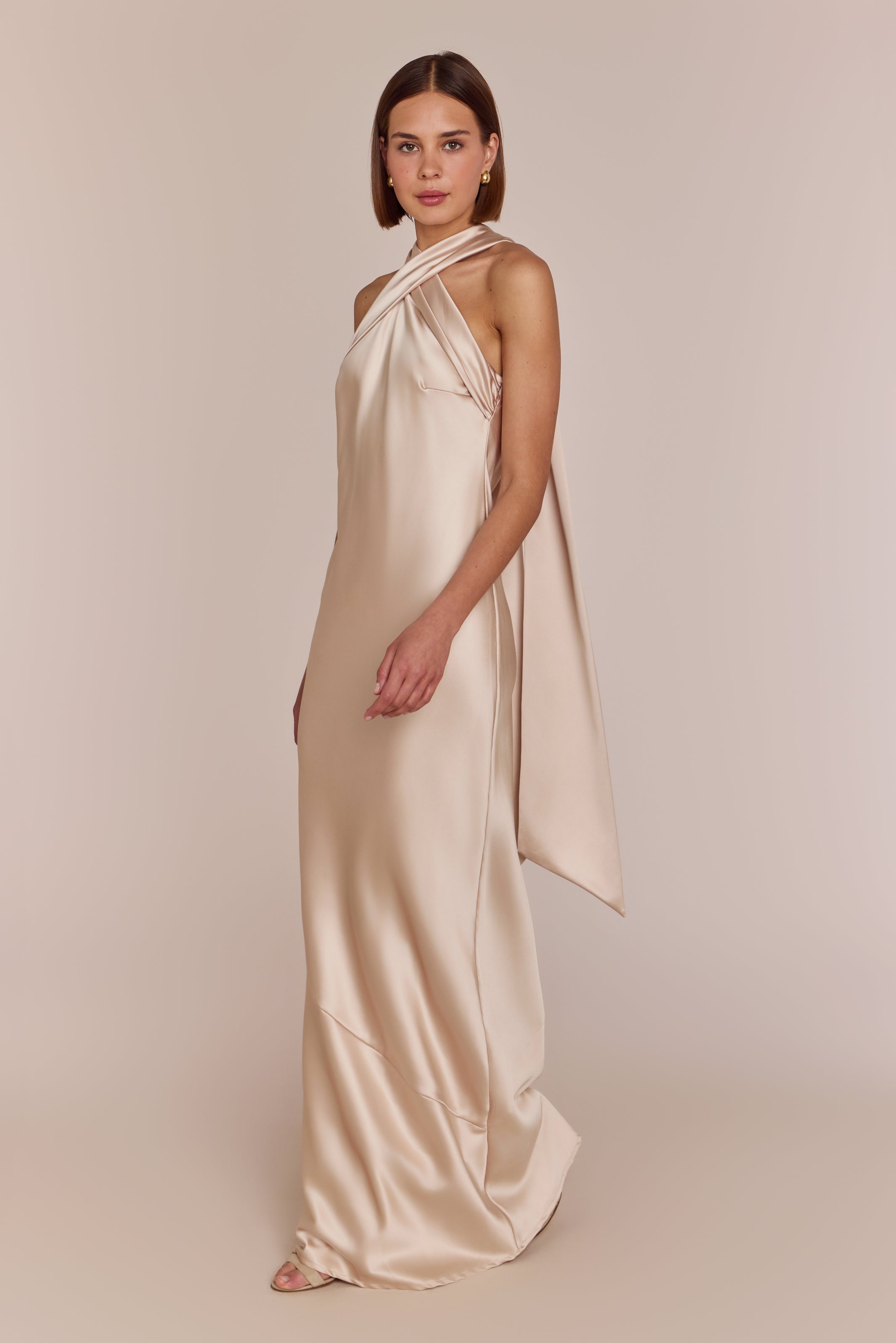 Roma Dress in Champagne Satin — Halterneck Maxi Bridesmaid Dress