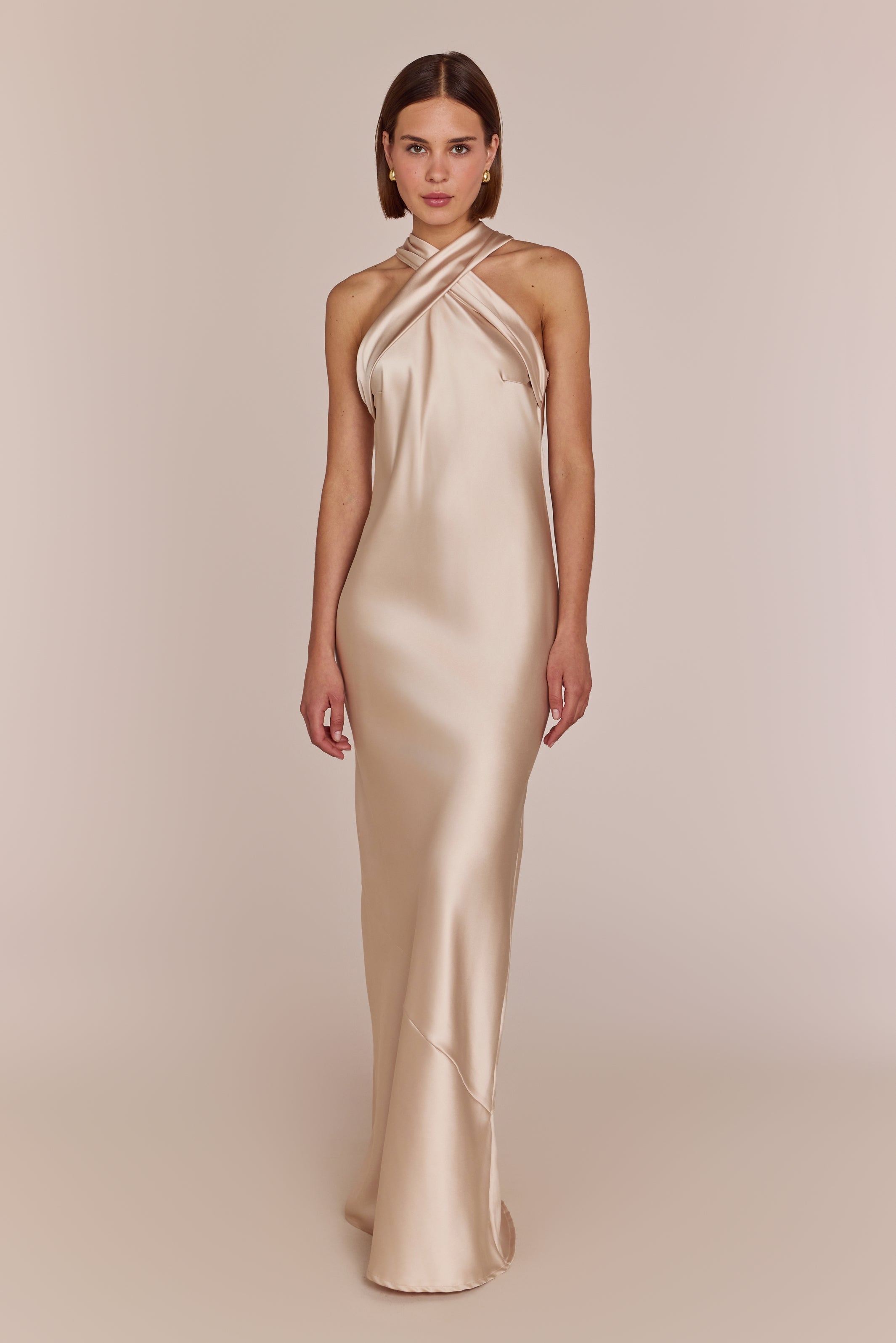 Roma Dress in Champagne Satin — Halterneck Maxi Bridesmaid Dress