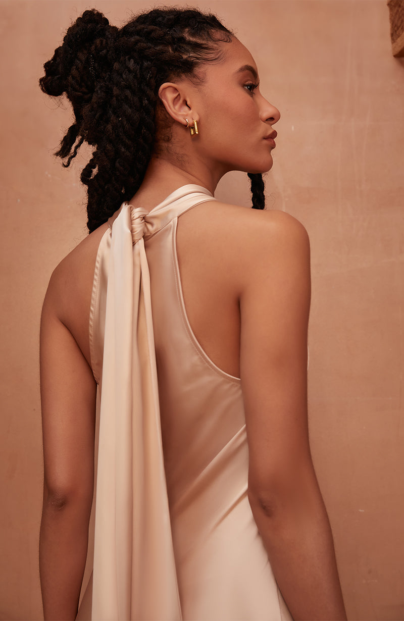 Roma Dress in Champagne Satin — Halterneck Maxi Bridesmaid Dress