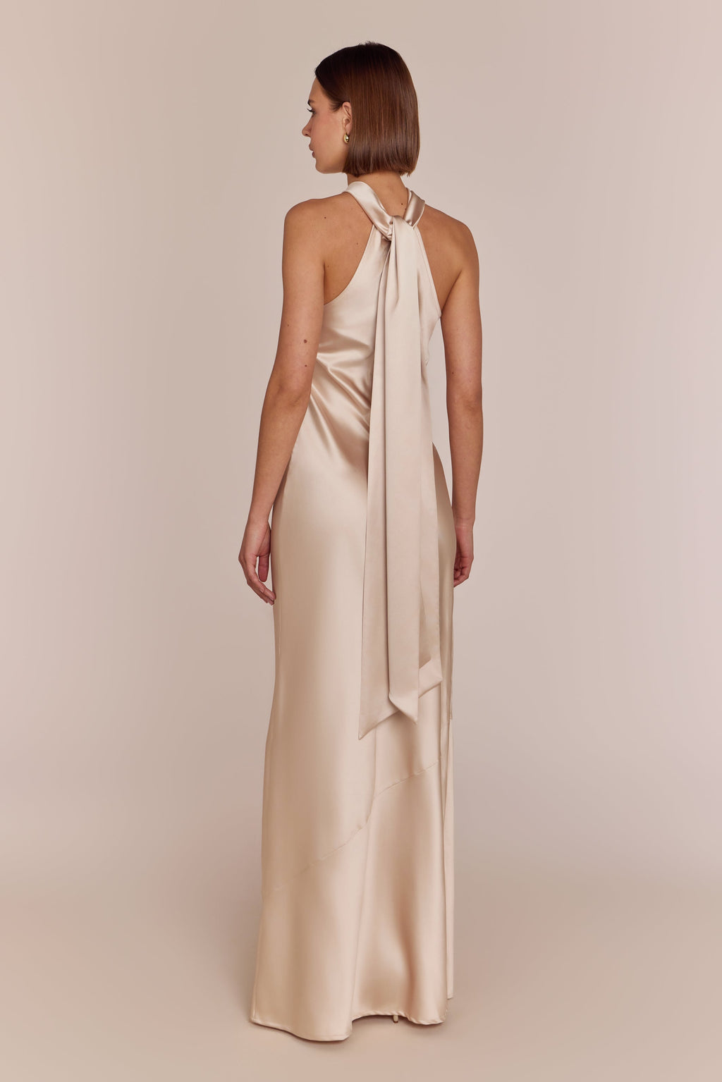 Roma Dress in Champagne Satin — Halterneck Maxi Bridesmaid Dress