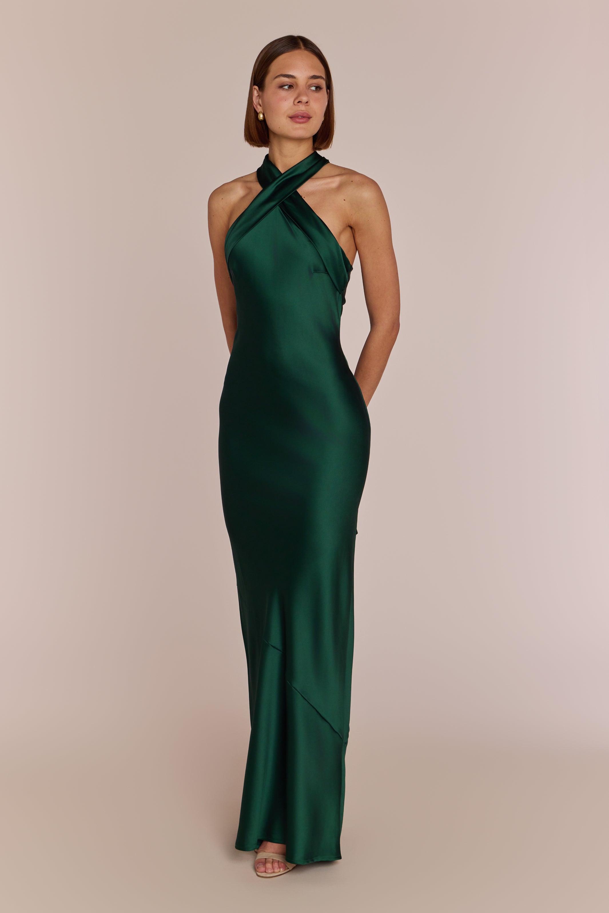 Roma Dress in Forest Green Satin — Halterneck Maxi Bridesmaid Dress
