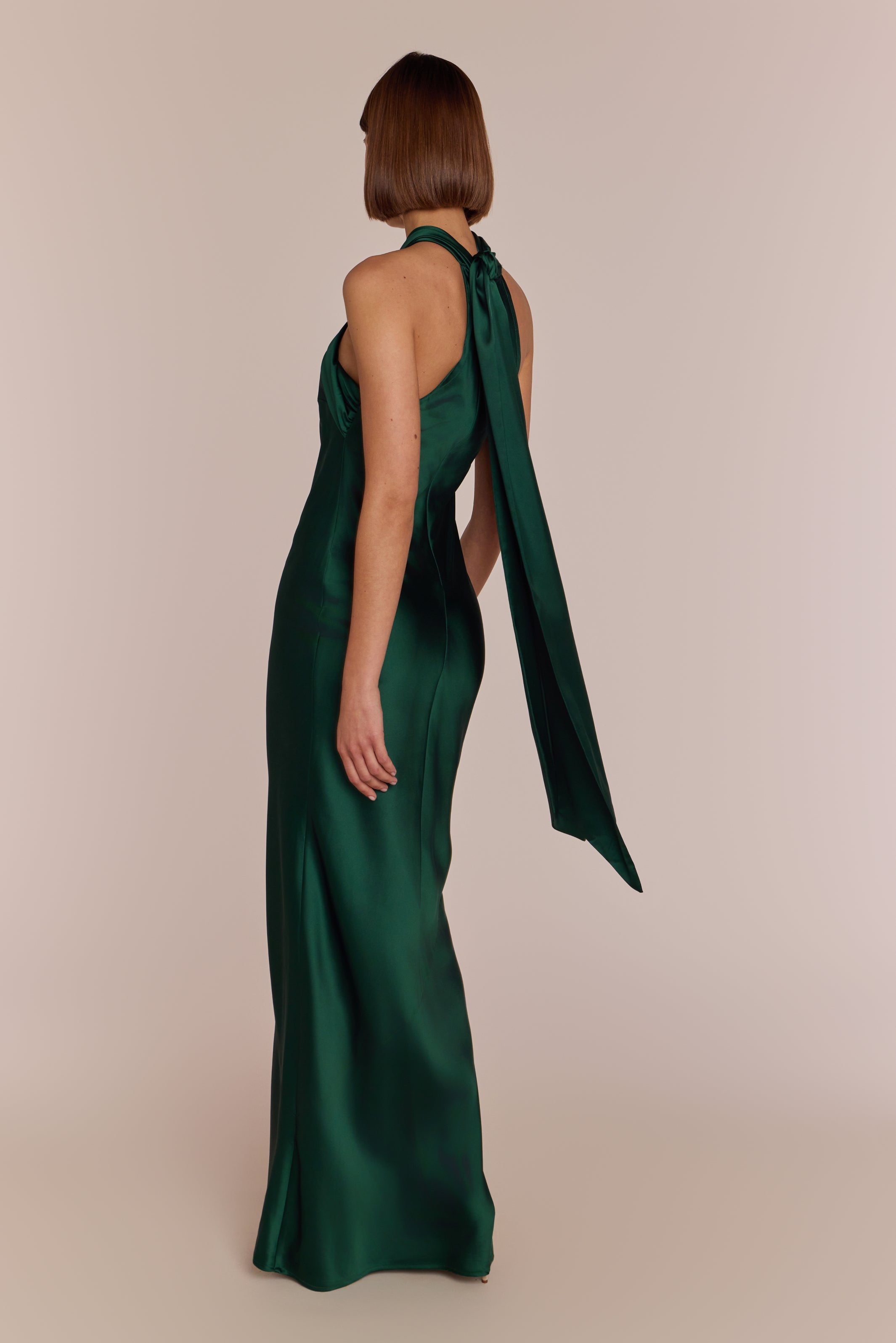 Roma Dress in Forest Green Satin — Halterneck Maxi Bridesmaid Dress
