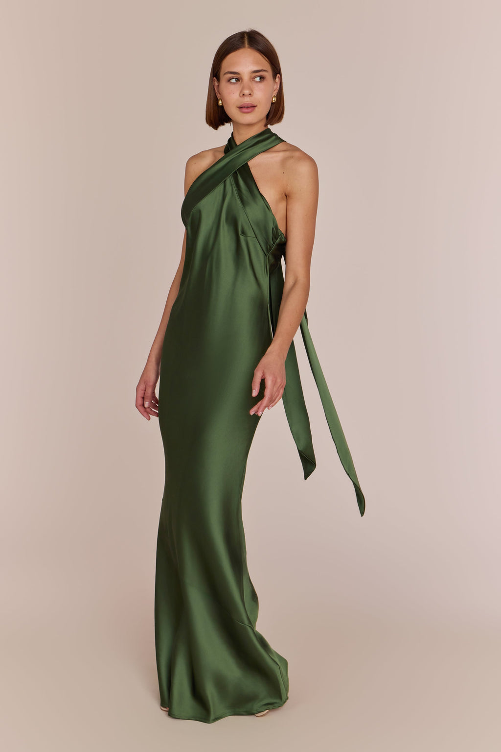Roma Dress in Olive Green Satin - Halterneck Maxi Bridesmaid Dress