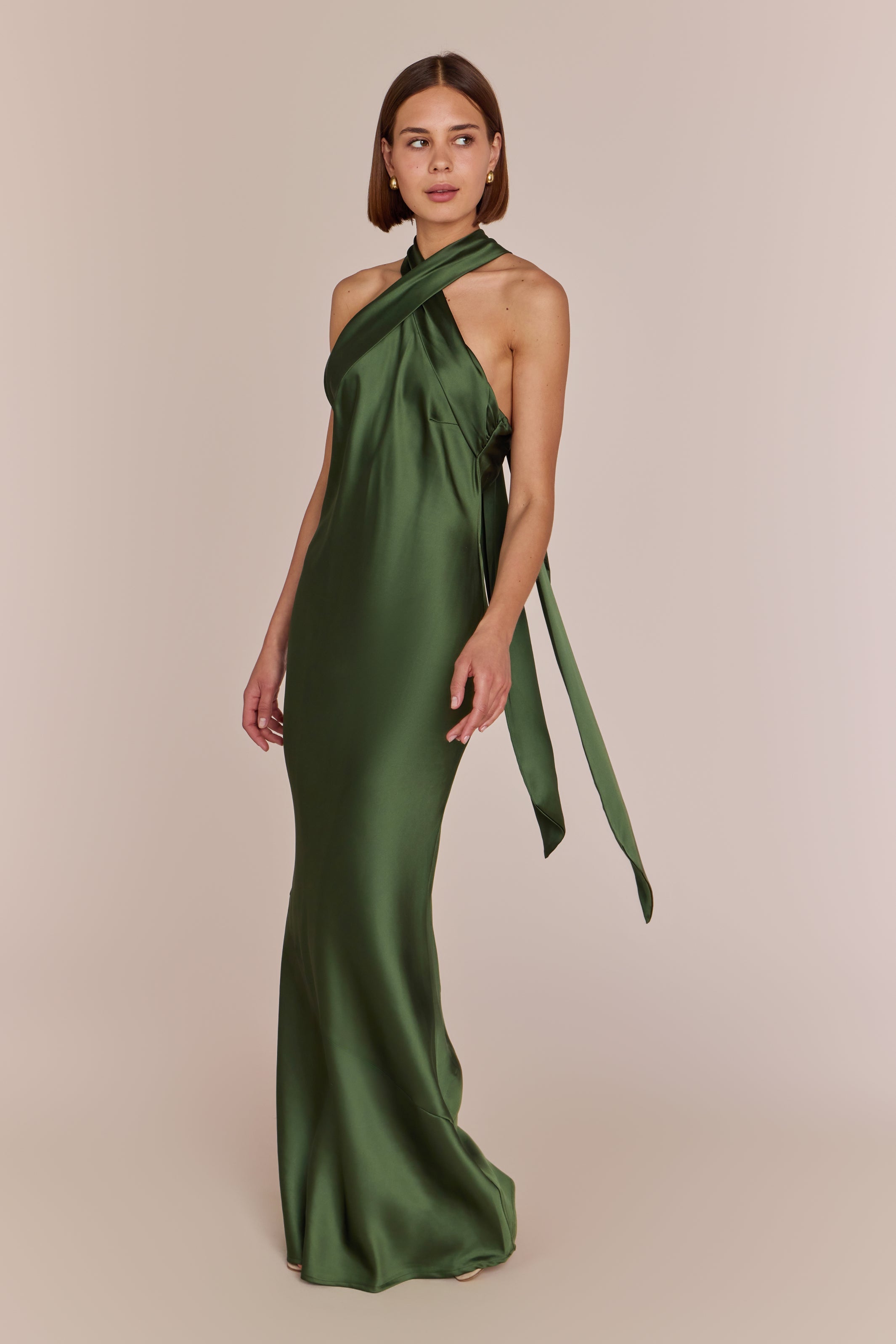 Roma Dress in Olive Green Satin - Halterneck Maxi Bridesmaid Dress