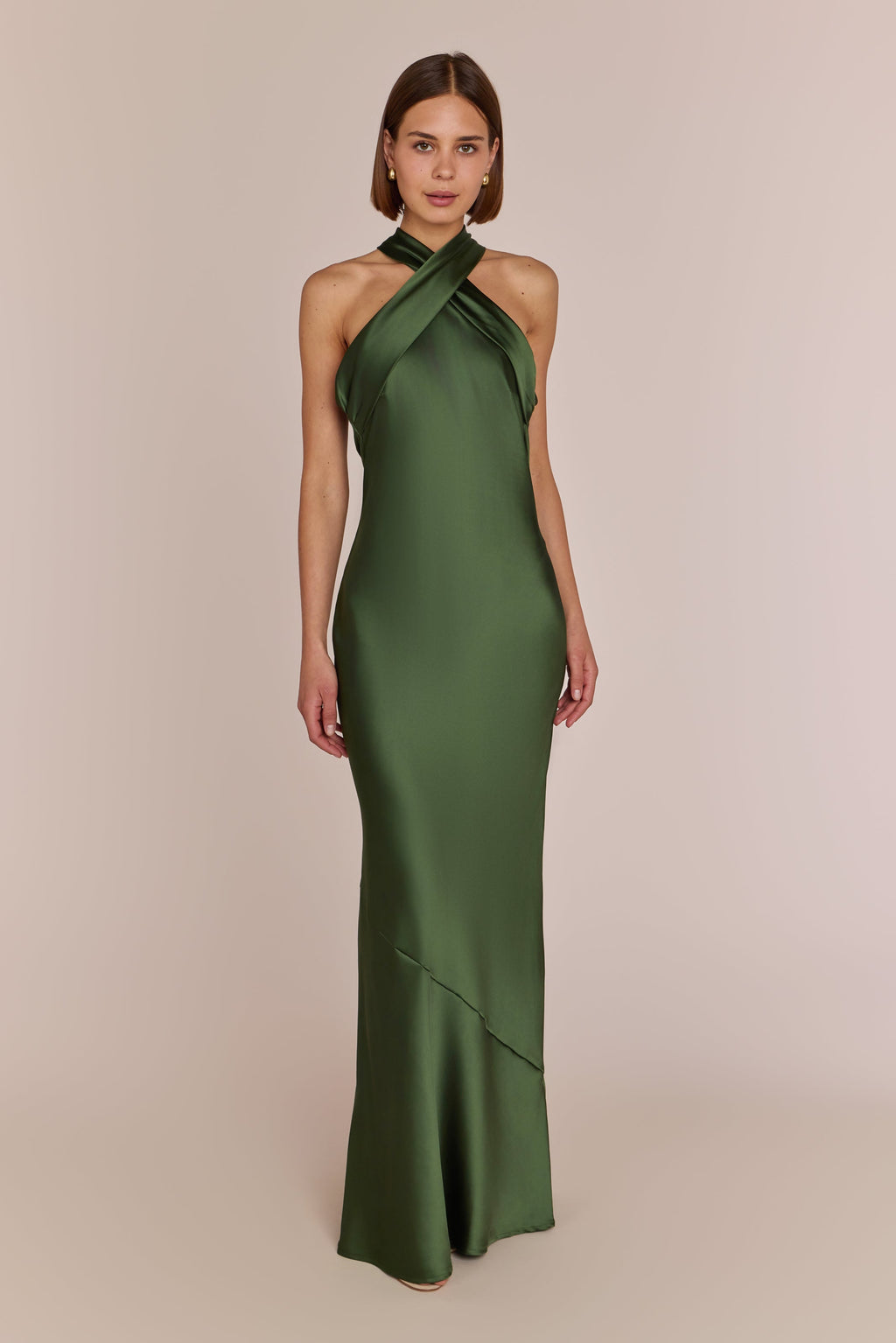 Roma Dress in Olive Green Satin - Halterneck Maxi Bridesmaid Dress