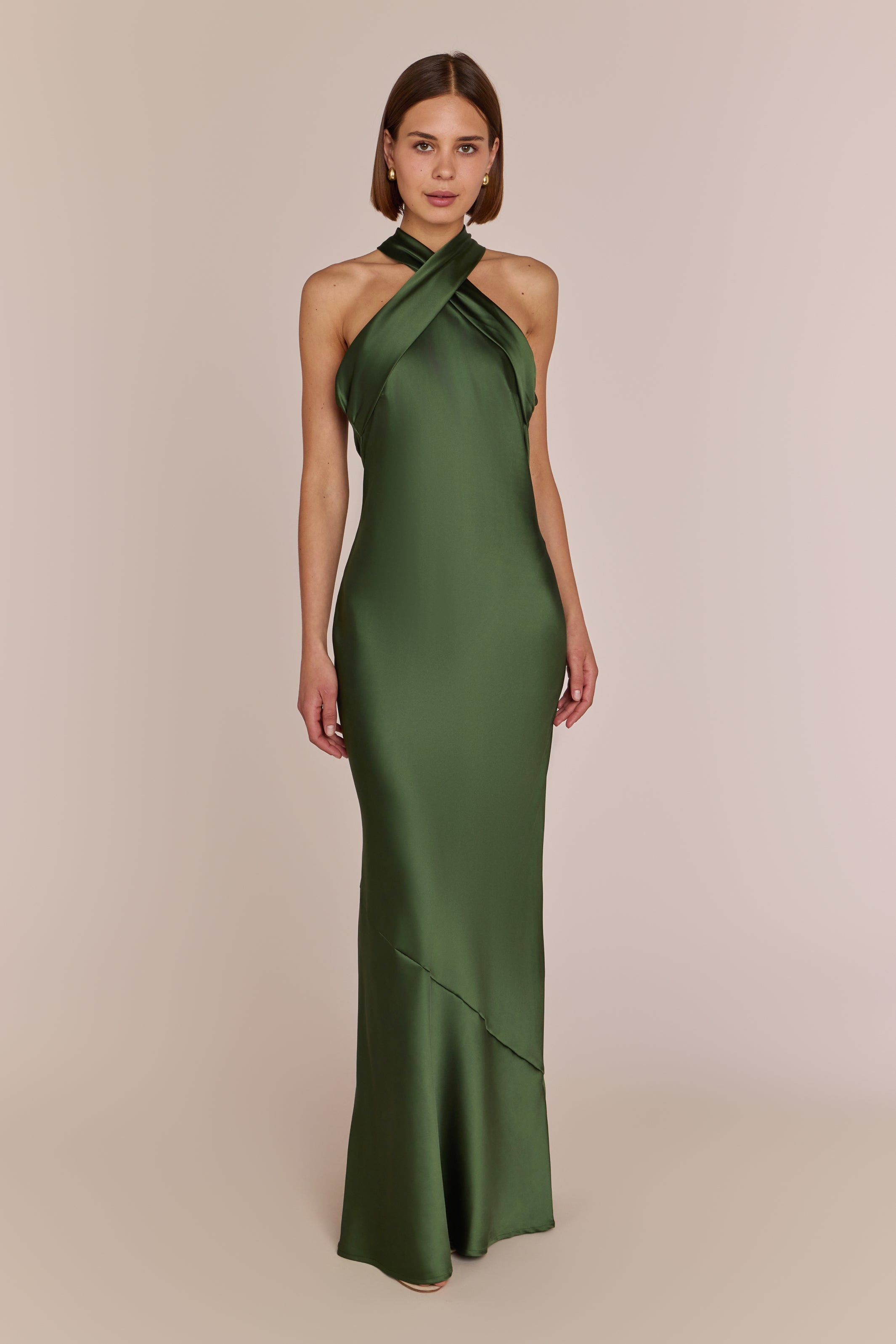 Roma Dress in Olive Green Satin - Halterneck Maxi Bridesmaid Dress