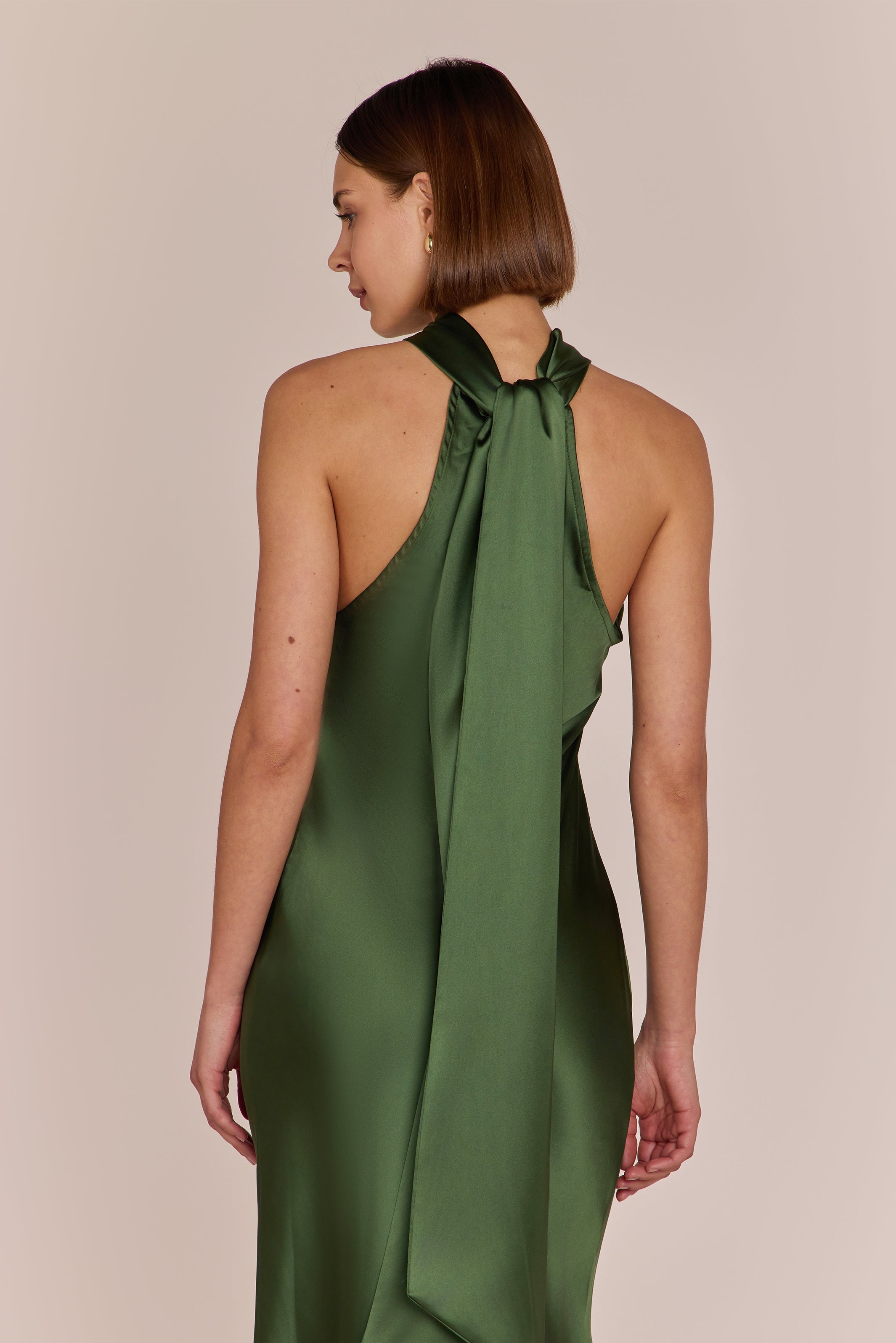 Roma Dress in Olive Green Satin - Halterneck Maxi Bridesmaid Dress