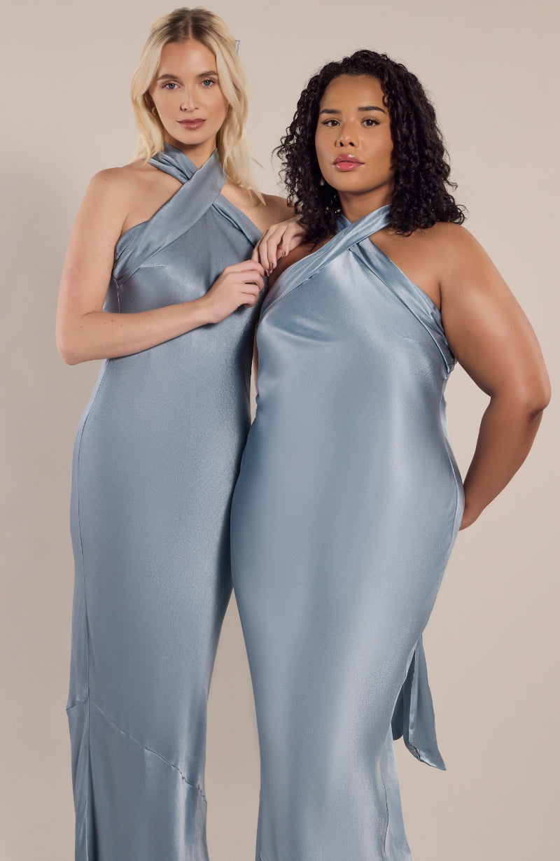 Roma Dress in Pale Blue Satin — Halterneck Maxi Bridesmaid Dress