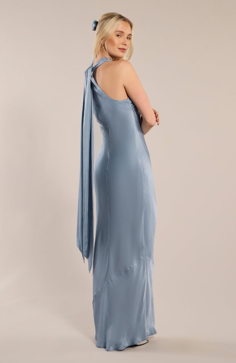 Roma Dress in Pale Blue Satin — Halterneck Maxi Bridesmaid Dress