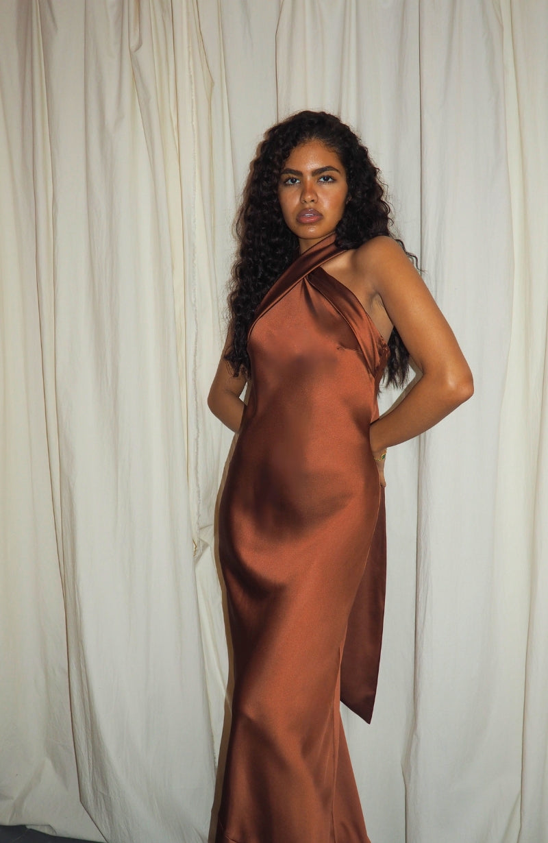 Roma Dress in Cinnamon Satin — Halterneck Maxi Bridesmaid Dress