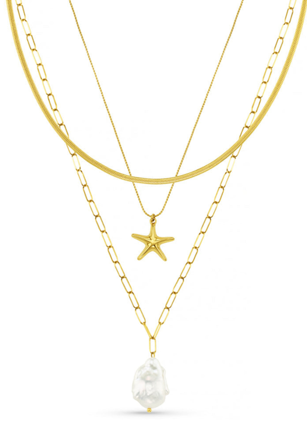 LUXE Starfish & Pearl Layered Necklace Set