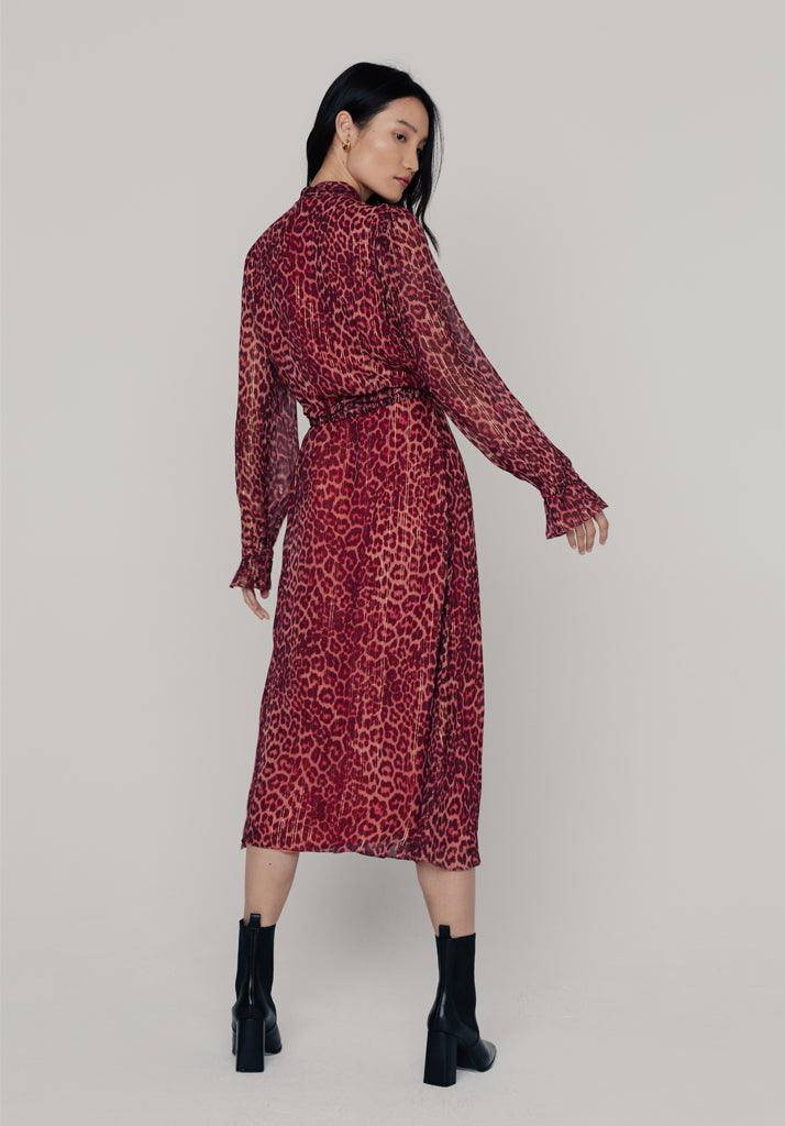 Margot Leopard Midi Dress in Burgundy Dresses LilyandLionel