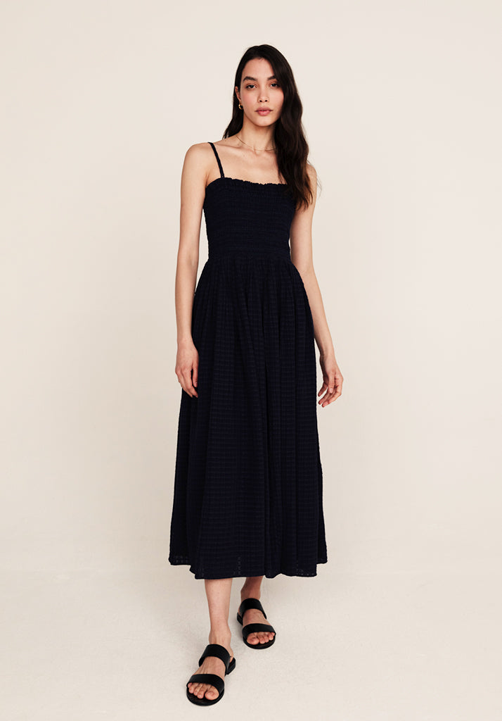 Annie Check Midi Dress in Navy