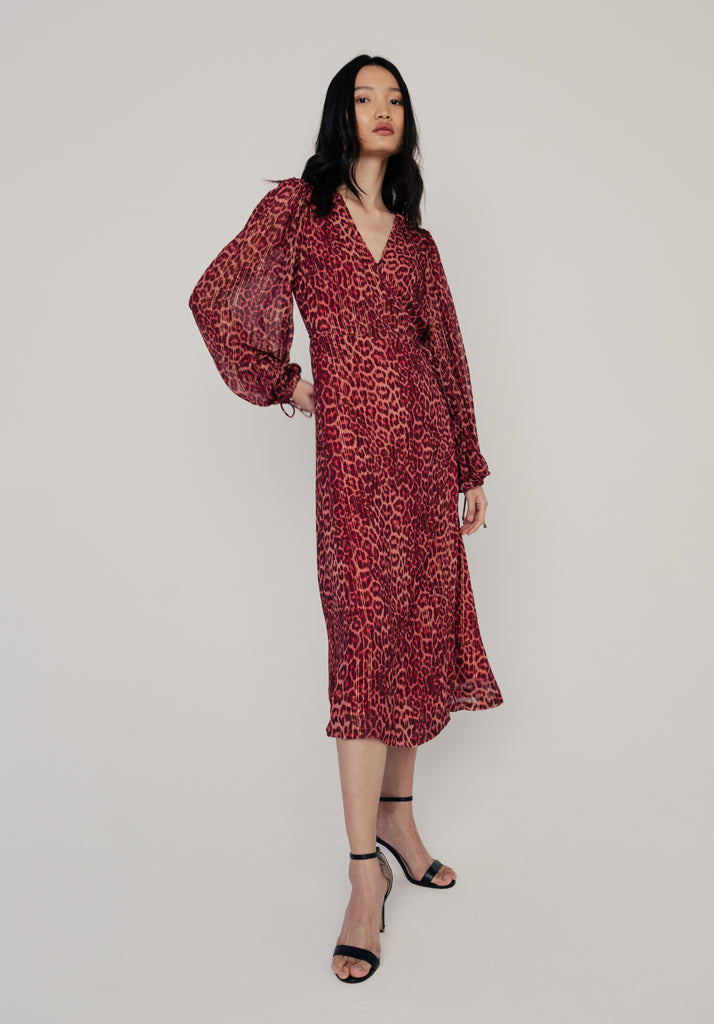 Fifi Leopard Midi Dress in Burgundy Dresses LilyandLionel