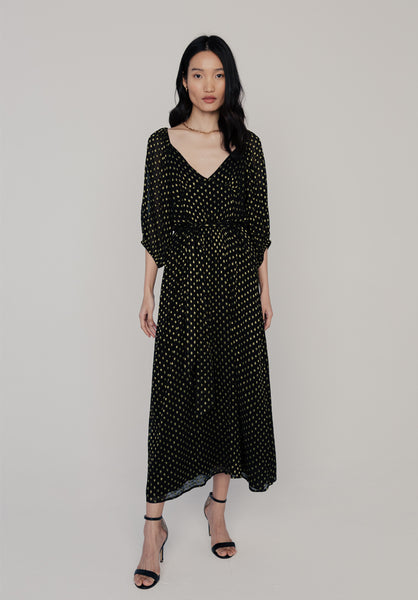 Katherine Gold Spot Midi Dress in Black | Dresses